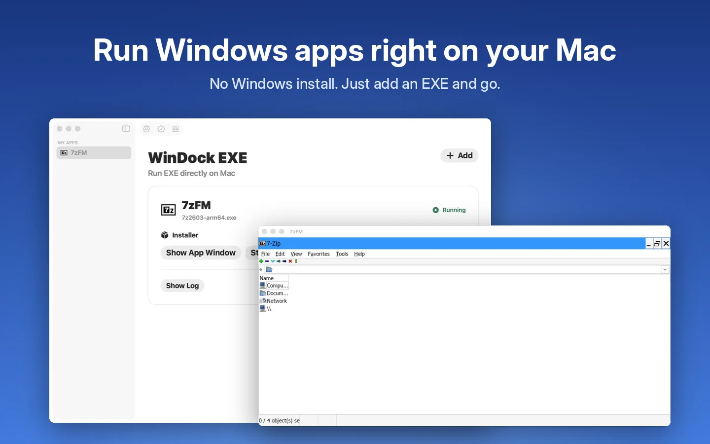 WinDock EXE — Rode .exe sem Windows